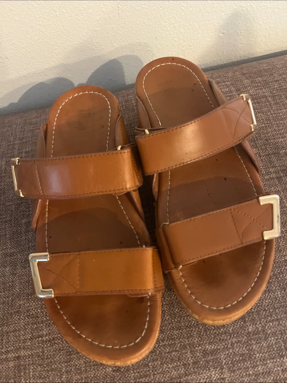 Women’s FitFlop  Tan Leather Slide Sandals with Adjustable Straps